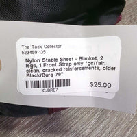 Nylon Stable Sheet - Blanket, 2 legs, 1 Front Strap only *gc/fair, clean, cracked reinforcements, older
