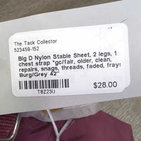Nylon Stable Sheet, 2 legs, 1 chest strap *gc/fair, older, clean, repairs, snags, threads, faded, frays
