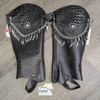 Leather Half Chaps, Back Zips, Fancy Charm Chains, Conchos, Velvet Bag: replacement straps, allen wrench, Brochure *like new, mnr dents & rubs
