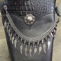 Leather Half Chaps, Back Zips, Fancy Charm Chains, Conchos, Velvet Bag: replacement straps, allen wrench, Brochure *like new, mnr dents & rubs
