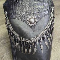 Leather Half Chaps, Back Zips, Fancy Charm Chains, Conchos, Velvet Bag: replacement straps, allen wrench, Brochure *like new, mnr dents & rubs
