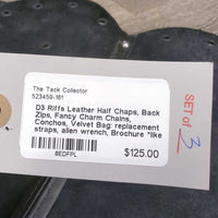 Leather Half Chaps, Back Zips, Fancy Charm Chains, Conchos, Velvet Bag: replacement straps, allen wrench, Brochure *like new, mnr dents & rubs
