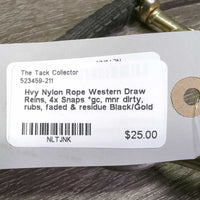 Hvy Nylon Rope Western Draw Reins, 4x Snaps *gc, mnr dirty, rubs, faded & residue
