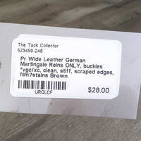 Pr Wide Leather German Martingale Reins ONLY, buckles *vgc/xc, clean, stiff, scraped edges, film?stains
