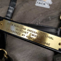 Hvy Double Stitch Leather Halter, "2008 Parkland Dressage Festival" nameplate *xc, older, oxidization, stiff
