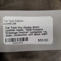 Hvy Double Stitch Leather Halter, "2008 Parkland Dressage Festival" nameplate *xc, older, oxidization, stiff
