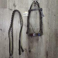 Flat Wide Hvy Duty Bridle, Thick Wide Braided Reins *xc, clean & mnr dirt, creases, scrapesdents & stain, older?
