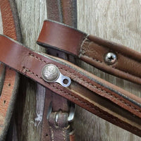Padded Rsd Figure 8 Bridle, FS/Rsd Rubber Reins *gc/fair, mnr dirt, rubs, xholes, MISSING Bling, Reins: thin, scrapes & rubs, cracks
