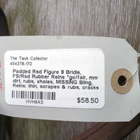 Padded Rsd Figure 8 Bridle, FS/Rsd Rubber Reins *gc/fair, mnr dirt, rubs, xholes, MISSING Bling, Reins: thin, scrapes & rubs, cracks

