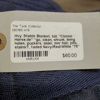 Hvy Stable Blanket, tail, "Classic Horse.de" *gc, clean, shrunk, lining holes, puckers, older, mnr hair, pills, stains?, faded
