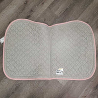 Quilt Jumper Saddle Pad, piping, tabs *gc, clean, older?, faded, stained, rubs, threads, undone stitching
