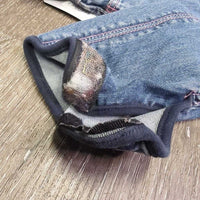 JUNIORS Denim Breeches *gc, seam puckers, rubs & faded, hairy velcro, curled ankle edge & inner waist

