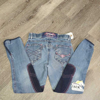 JUNIORS Denim Breeches *gc, seam puckers, rubs & faded, hairy velcro, curled ankle edge & inner waist
