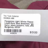 Light Winter Fleece Lined Euro Seat Breeches *gc, hairy, seam puckers, rubs, pills
