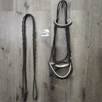 Soft Rsd/Padded Bridle, Flash, Braided Reins *gc, clean, marker, older, chews, rubs, mnr pulled stitching
