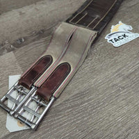 FS Padded Leather Girth, els *gc/fair, older, dry, v.cracked, rubs, stains, torn/holey elastic, scrapes, clean
