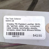 FS Padded Leather Girth, els *gc/fair, older, dry, v.cracked, rubs, stains, torn/holey elastic, scrapes, clean
