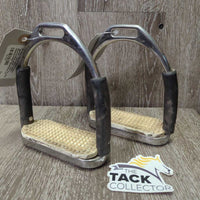 Pr Flexi Stirrup Irons, 2 grips *gc/fair, rubs, dirty, stains, dry/cracking grips, v.soft flex, older, missing bling?
