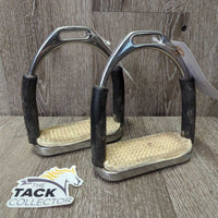 Pr Flexi Stirrup Irons, 2 grips *gc/fair, rubs, dirty, stains, dry/cracking grips, v.soft flex, older, missing bling?
