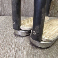 Pr Flexi Stirrup Irons, 2 grips *gc/fair, rubs, dirty, stains, dry/cracking grips, v.soft flex, older, missing bling?
