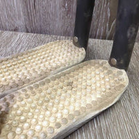Pr Flexi Stirrup Irons, 2 grips *gc/fair, rubs, dirty, stains, dry/cracking grips, v.soft flex, older, missing bling?
