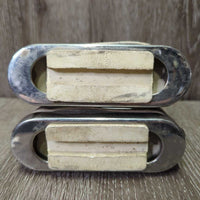 Pr Flexi Stirrup Irons, 2 grips *gc/fair, rubs, dirty, stains, dry/cracking grips, v.soft flex, older, missing bling?
