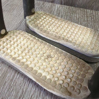 Pr Flexi Stirrup Irons, 2 grips *gc/fair, rubs, dirty, stains, dry/cracking grips, v.soft flex, older, missing bling?
