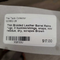 Thin Braided Leather Barrel Reins *vgc, 0 buckles/strings, snaps, mnr residue, dry, scrapes
