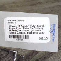 Braided Nylon Barrel - Roper Loop Reins, 2x Conway Buckles, 2x Snaps *gc, clean, stains, v.faded, discolored
