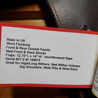 17.5" W *5.5" Sankey Jacinda Close Contact Saddle, 2 Billet Guards, Sankey Nylon Black Cover, Med Front & Back Blocks, Wool Flocking, Front & Rear Gusset Panels, Flaps: 12.75"L x 14" W Serial #17.5 W 129915
