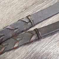 REPURPOSING Wide Braided Reins, stoppers *fair/gc, UNSTITCHED seam, clean, stiff, dry, older
