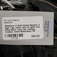 Lt Quilt Stable Blanket, 2 legs *vgc, clean, tear on spine, mnr lining tears, rubs, hair, residue, threads, faded
