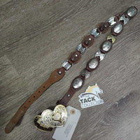 Leather Western Belt, Engraved Conchos & Heart Belt Buckle *vgc, clean, mnr rubs & chipped?stained edges, film
