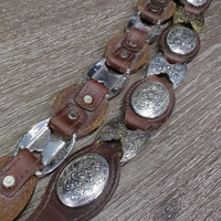 Leather Western Belt, Engraved Conchos & Heart Belt Buckle *vgc, clean, mnr rubs & chipped?stained edges, film
