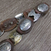 Leather Western Belt, Engraved Conchos & Heart Belt Buckle *vgc, clean, mnr rubs & chipped?stained edges, film
