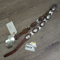 Leather Western Belt, Engraved Conchos & Heart Belt Buckle *vgc, clean, mnr rubs & chipped?stained edges, film
