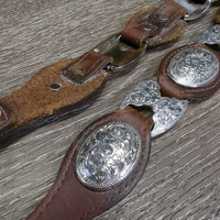 Leather Western Belt, Engraved Conchos & Heart Belt Buckle *vgc, clean, mnr rubs & chipped?stained edges, film
