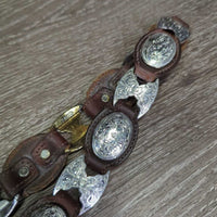 Leather Western Belt, Engraved Conchos & Heart Belt Buckle *vgc, clean, mnr rubs & chipped?stained edges, film
