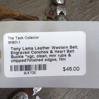 Leather Western Belt, Engraved Conchos & Heart Belt Buckle *vgc, clean, mnr rubs & chipped?stained edges, film
