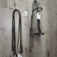 Flat Bridle, Plain & Curb Reins *gc, older, mnr dirt, xholes, rubs, creases, chewed, scrapes
