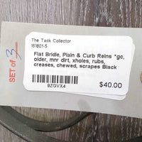Flat Bridle, Plain & Curb Reins *gc, older, mnr dirt, xholes, rubs, creases, chewed, scrapes
