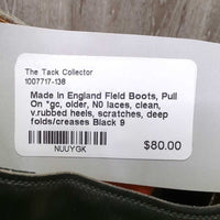 Field Boots, Pull On *gc, older, N0 laces, clean, v.rubbed heels, scratches, deep folds/creases
