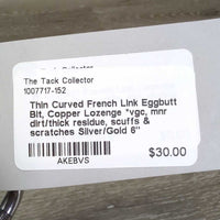 Thin Curved French Link Eggbutt Bit, Copper Lozenge *vgc, mnr dirt/thick residue, scuffs & scratches
