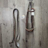 Braided Bridle & Reins *gc/vgc, clean, stains, broken keeper, stains, rubs, faded, older, stiff
