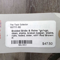 Braided Bridle & Reins *gc/vgc, clean, stains, broken keeper, stains, rubs, faded, older, stiff
