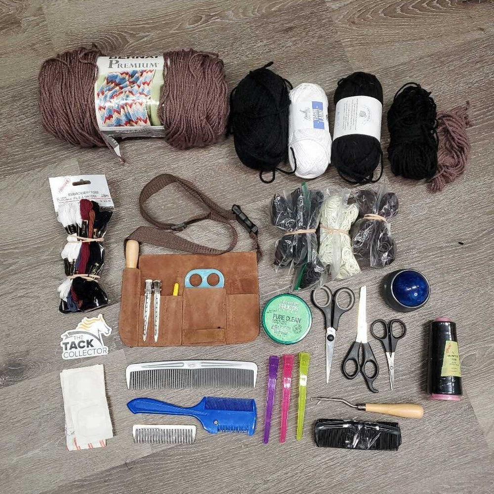 Braiding Kit: Double box, yarn, elastics, threads, paste, scissors, combs, clips, thinner, latchhooks, guide, suede belt, massager *CLEAN, Like New