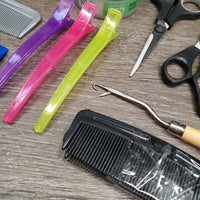 Braiding Kit: Double box, yarn, elastics, threads, paste, scissors, combs, clips, thinner, latchhooks, guide, suede belt, massager *CLEAN, Like New
