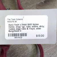 v.Thick Stiff Nylon Halter, snap *gc, rubs, stains, dirty, faded, edge rubs & frays, older
