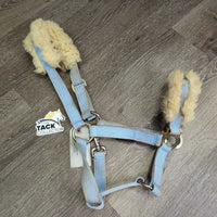 Nylon Halter, Sheepskin Lined Nose & Crown, snap *gc, v.stained, clumpy, dirt?, older, stiff fleece edges
