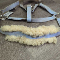 Nylon Halter, Sheepskin Lined Nose & Crown, snap *gc, v.stained, clumpy, dirt?, older, stiff fleece edges
